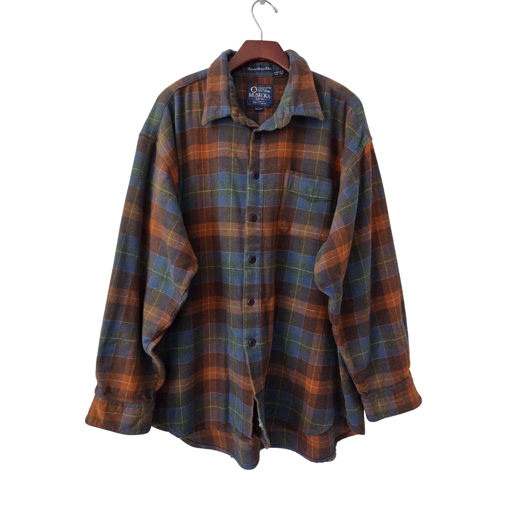 Vintage Muskoga Lakes Natural Comfort Shirt‎ Flannel Size XXL Brown Blue P;aid